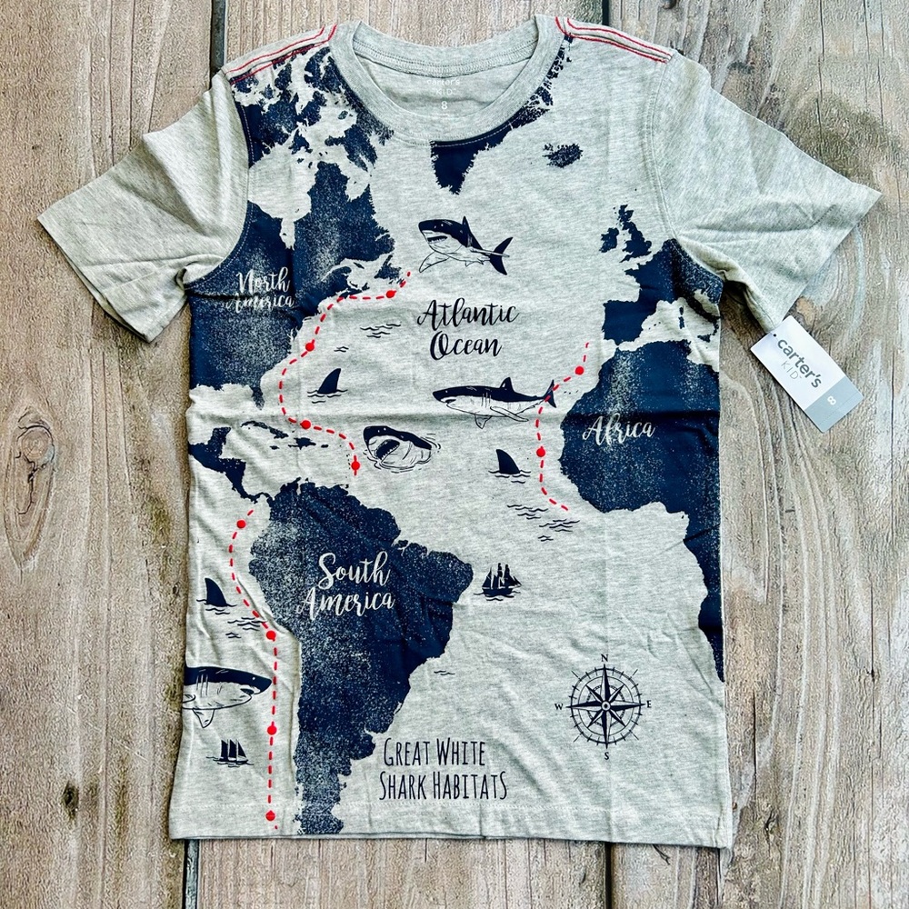 Carter’s size 8 Boys Gray Short Sleeve T-Shirt With Blue World Map Shark Design